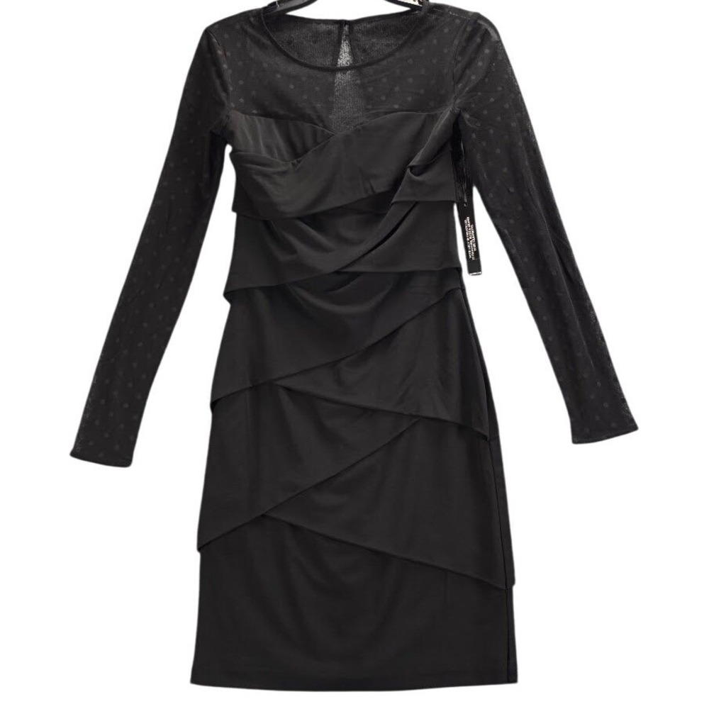 White House Black Market Instantly Slimming Black Tiered Mesh Sleeve‎ Dress 4
